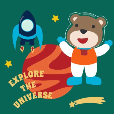 Çizgi film tarzında uzay giysili astronot ya da ayı. Kumaş, tekstil, bebek odası duvar kâğıdı, poster, kart, broşür için yaratıcı çocuksu bir geçmiş. ve diğer dekorasyon.