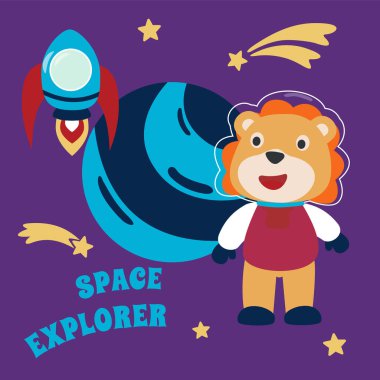 Çizgi film tarzında uzay giysisi giymiş bir astronot ya da uzay aslanı. Kumaş, tekstil, bebek odası duvar kâğıdı, poster, kart, broşür için yaratıcı çocuksu bir geçmiş. ve diğer dekorasyon.