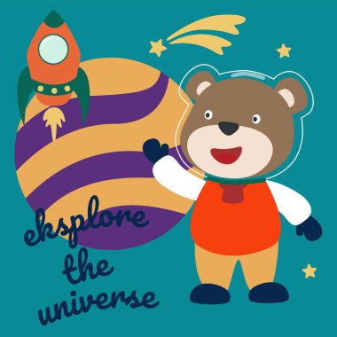 Çizgi film tarzında uzay giysili astronot ya da ayı. Kumaş, tekstil, bebek odası duvar kâğıdı, poster, kart, broşür için yaratıcı çocuksu bir geçmiş. ve diğer dekorasyon.