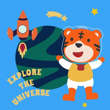 Çizgi film tarzında uzay giysili astronot ya da kaplan. Kumaş, tekstil, bebek odası duvar kâğıdı, poster, kart, broşür için yaratıcı çocuksu bir geçmiş. ve diğer dekorasyon.