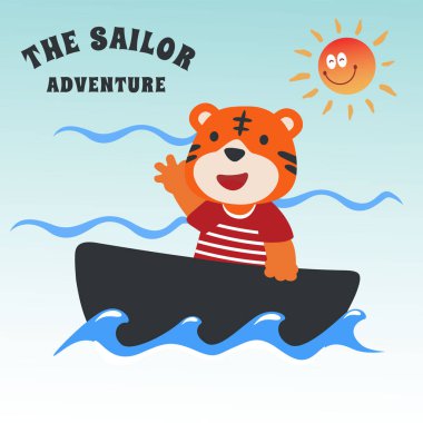 Çizgi film tarzında komik kaplan denizci çizgi film vektörü. Kumaş, tekstil, bebek odası duvar kâğıdı, poster, kart, broşür için yaratıcı çocuksu bir geçmiş. ve diğer dekorasyon.