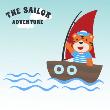 Çizgi film tarzında komik kaplan denizci çizgi film vektörü. Kumaş, tekstil, bebek odası duvar kâğıdı, poster, kart, broşür için yaratıcı çocuksu bir geçmiş. ve diğer dekorasyon.