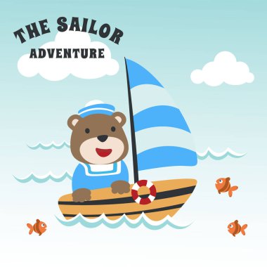 Çizgi film tarzıyla küçük bir teknede komik ayı denizci çizgi film vektörü. Kumaş, tekstil, bebek odası duvar kâğıdı, poster, kart, broşür için yaratıcı çocuksu bir geçmiş. ve diğer dekorasyon.