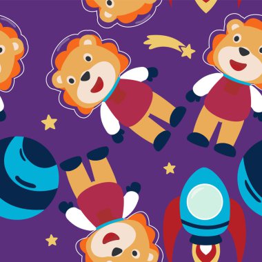 Küçük, şirin bir aslan astronot, roket ve yıldızla vektör desenli. Kumaş, tekstil, bebek odası duvar kâğıdı, poster, broşür için yaratıcı çocuksu arka plan. Vektör illüstrasyon arkaplanı