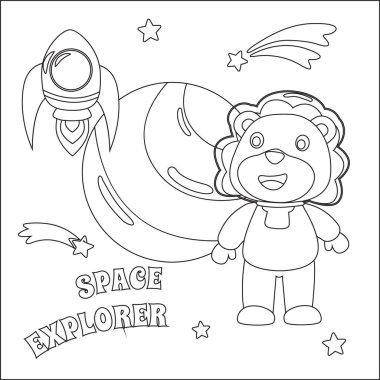 Çizgi film tarzında uzay giysisi giymiş bir astronot ya da uzay aslanı. Çocuk aktivite kitabı ya da sayfa boyama için yaratıcı vektör tasarımı.