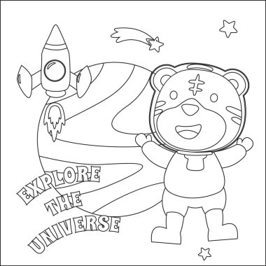 Çizgi film tarzında uzay giysili astronot ya da kaplan. Çocuk aktivite kitabı ya da sayfa boyama için yaratıcı vektör tasarımı.