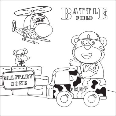 Askeri araç kullanan hayvan askerin vektör karikatürü. Çizgi film izole vektör çizimi, çocuk aktivite kitabı veya sayfa boyama için yaratıcı vektör tasarımı.