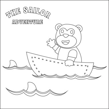 Çizgi film tarzıyla gemideki şirin maymun denizci. Çocuk aktivite kitabı ya da sayfa boyama için yaratıcı vektör tasarımı.