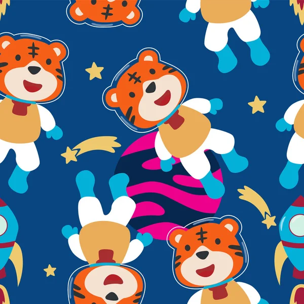 Vector seamless pattern with cute  little tiger astronaut, rocket and stars. Creative vector childish background for fabric, textile, nursery wallpaper, poster, brochure Vector illustration background