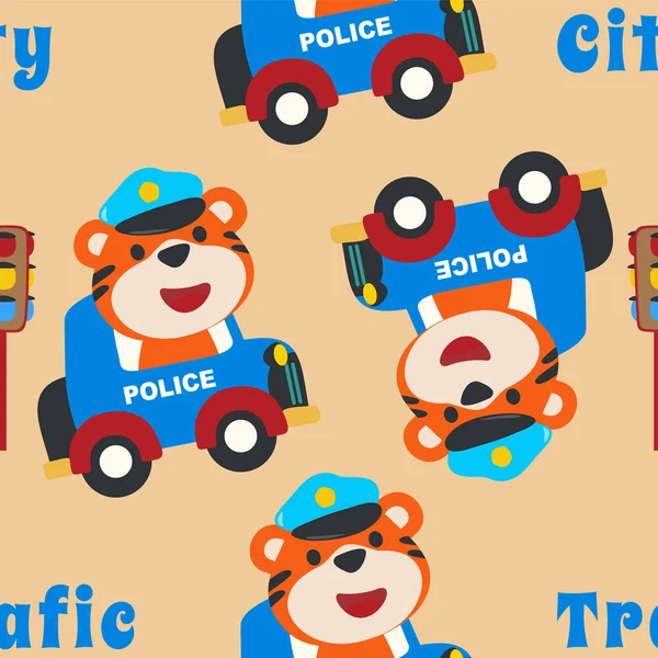 Polis devriye hayvan çizgi filmiyle kusursuz bir model. Kumaş, tekstil, bebek odası duvar kâğıdı, poster broşürü Vektör illüstrasyon arka planı için yaratıcı vektör çocuksu arka plan