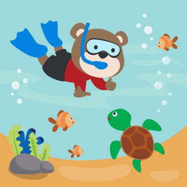 Çizgi film tarzında komik bir ayı ve kaplumbağa ile dalmak. Kumaş, tekstil, bebek odası duvar kâğıdı, poster, kart, broşür için yaratıcı çocuksu bir geçmiş. vektör illüstrasyon arka planı.