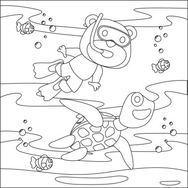 Küçük ayı ve kaplumbağanın vektör karikatür çizimi, çocuk aktivite kitabı ya da sayfa boyama için çizgi film stili tasarımı.