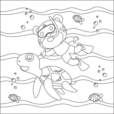 Küçük kaplan ve kaplumbağanın vektör çizimi, çocuk aktivite kitabı ya da sayfa boyama için çizgi film stili tasarımı.