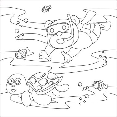 Küçük ayı ve kaplumbağanın vektör karikatür çizimi, çocuk aktivite kitabı ya da sayfa boyama için çizgi film stili tasarımı.