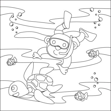 Küçük ayı ve kaplumbağanın vektör karikatür çizimi, çocuk aktivite kitabı ya da sayfa boyama için çizgi film stili tasarımı.