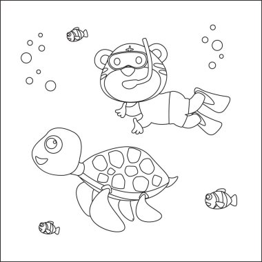 Küçük kaplan ve kaplumbağanın vektör çizimi, çocuk aktivite kitabı ya da sayfa boyama için çizgi film stili tasarımı.