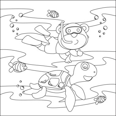 Küçük maymun ve kaplumbağanın vektör karikatür çizimi, çocuk aktivite kitabı ya da sayfa boyama için çizgi film stili tasarımı.