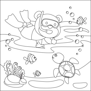 Küçük ayı ve kaplumbağanın vektör karikatür çizimi, çocuk aktivite kitabı ya da sayfa boyama için çizgi film stili tasarımı.