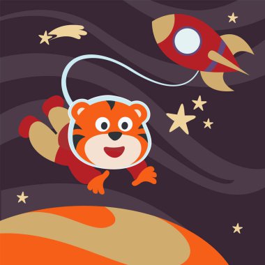 Çizgi film tarzında uzay giysili astronot ya da kaplan. Tişört baskısı için kullanılabilir, çocuklar moda tasarımı giyebilir, davetiye kartı takabilir. kumaş, tekstil, çocuk odası duvar kağıdı, poster ve diğer dekorasyonlar.