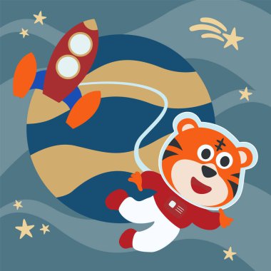 Çizgi film tarzında uzay giysili astronot ya da kaplan. Tişört baskısı için kullanılabilir, çocuklar moda tasarımı giyebilir, davetiye kartı takabilir. kumaş, tekstil, çocuk odası duvar kağıdı, poster ve diğer dekorasyonlar.