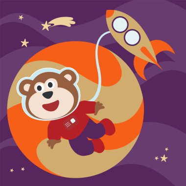 Çizgi film tarzında uzay giysili astronot ya da maymun. Tişört baskısı için kullanılabilir, çocuklar moda tasarımı giyebilir, davetiye kartı takabilir. kumaş, tekstil, çocuk odası duvar kağıdı, poster ve diğer dekorasyonlar.