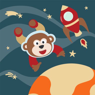 Çizgi film tarzında uzay giysili astronot ya da maymun. Tişört baskısı için kullanılabilir, çocuklar moda tasarımı giyebilir, davetiye kartı takabilir. kumaş, tekstil, çocuk odası duvar kağıdı, poster ve diğer dekorasyonlar.