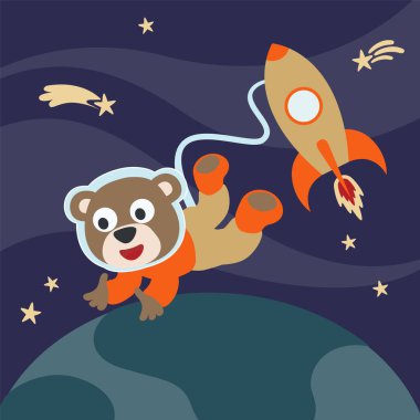 Çizgi film tarzında uzay giysili astronot ya da ayı. Tişört baskısı için kullanılabilir, çocuklar moda tasarımı giyebilir, davetiye kartı takabilir. kumaş, tekstil, çocuk odası duvar kağıdı, poster ve diğer dekorasyonlar.