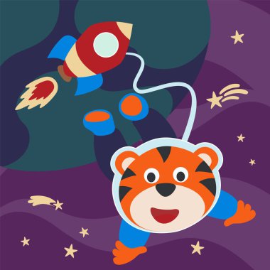 Çizgi film tarzında uzay giysili astronot ya da kaplan. Tişört baskısı için kullanılabilir, çocuklar moda tasarımı giyebilir, davetiye kartı takabilir. kumaş, tekstil, çocuk odası duvar kağıdı, poster ve diğer dekorasyonlar.