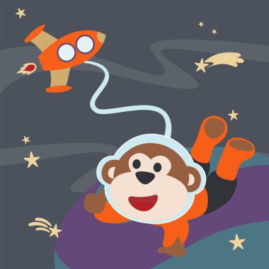 Çizgi film tarzında uzay giysili astronot ya da maymun. Tişört baskısı için kullanılabilir, çocuklar moda tasarımı giyebilir, davetiye kartı takabilir. kumaş, tekstil, çocuk odası duvar kağıdı, poster ve diğer dekorasyonlar.