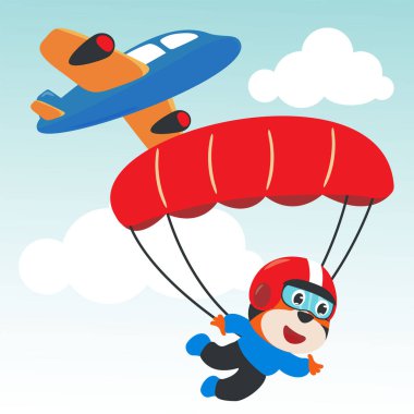 Paraşütle uçan şirin bir kaplanın vektör çizimi. Çizgi film tarzında. Kumaş tekstil, bebek odası duvar kağıdı, poster, kart, broşür için yaratıcı çocuksu bir arka plan. vektör illüstrasyonu