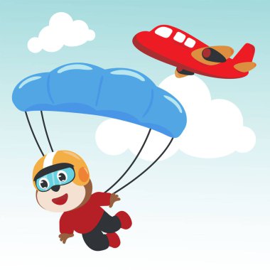 Paraşütle uçan şirin bir maymunun vektör çizimi. Çizgi film tarzında. Kumaş tekstil, bebek odası duvar kağıdı, poster, kart, broşür için yaratıcı çocuksu bir arka plan. vektör illüstrasyonu