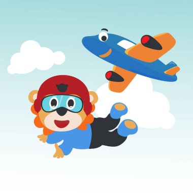 Paraşütle uçan şirin bir aslanın vektör çizimi. Çizgi film tarzında. Kumaş tekstil, bebek odası duvar kağıdı, poster, kart, broşür için yaratıcı çocuksu bir arka plan. vektör illüstrasyonu