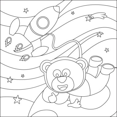 Çizgi film tarzında uzay giysili astronot ya da ayı. Çocuk aktivite kitabı ya da sayfa boyama için yaratıcı vektör tasarımı.