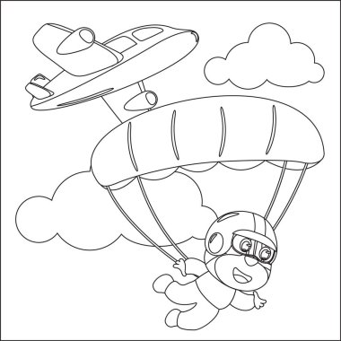 Küçük maymun, uçak ve bulutlarla hava dalışının vektör karikatür çizimi, çocuk aktivite kitabı veya sayfa boyama için çizgi film tarzı çocuk tasarımı.
