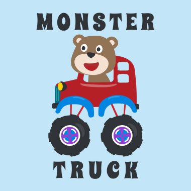 Hayvan sürücüsü olan canavar kamyonun vektör çizimi. Tişört baskısı için kullanılabilir, çocuklar moda tasarımı giyebilir, davetiye kartı takabilir. kumaş, tekstil, çocuk odası duvar kağıdı, poster ve diğer dekorasyonlar.