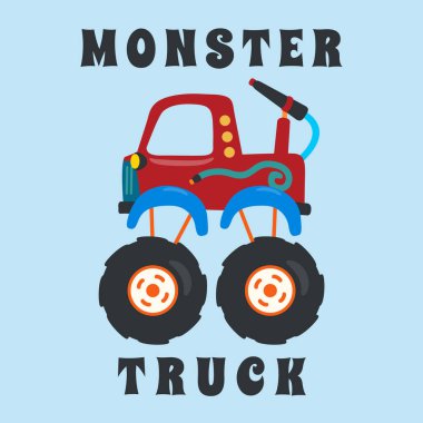 Çizgi film tarzında canavar kamyonun vektör çizimi. Tişört baskısı için kullanılabilir, çocuklar moda tasarımı giyebilir, davetiye kartı takabilir. kumaş, tekstil, çocuk odası duvar kağıdı, poster ve diğer dekorasyonlar.