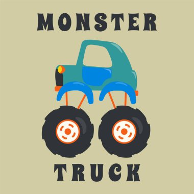 Çizgi film tarzında canavar kamyonun vektör çizimi. Tişört baskısı için kullanılabilir, çocuklar moda tasarımı giyebilir, davetiye kartı takabilir. kumaş, tekstil, çocuk odası duvar kağıdı, poster ve diğer dekorasyonlar.