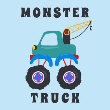 Çizgi film tarzında canavar kamyonun vektör çizimi. Tişört baskısı için kullanılabilir, çocuklar moda tasarımı giyebilir, davetiye kartı takabilir. kumaş, tekstil, çocuk odası duvar kağıdı, poster ve diğer dekorasyonlar.