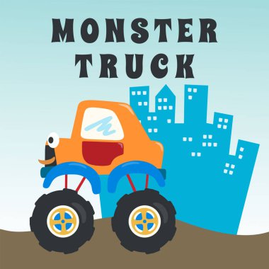 Çizgi film tarzında canavar kamyonun vektör çizimi. Tişört baskısı için kullanılabilir, çocuklar moda tasarımı giyebilir, davetiye kartı takabilir. kumaş, tekstil, çocuk odası duvar kağıdı, poster ve diğer dekorasyonlar.