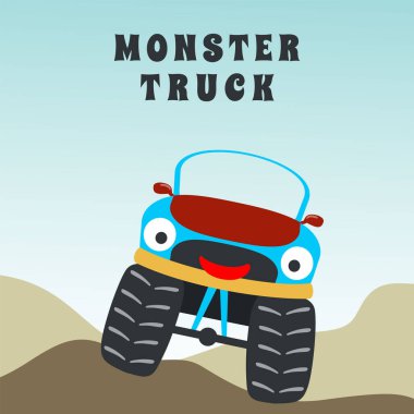 Çizgi film tarzında canavar kamyonun vektör çizimi. Tişört baskısı için kullanılabilir, çocuklar moda tasarımı giyebilir, davetiye kartı takabilir. kumaş, tekstil, çocuk odası duvar kağıdı, poster ve diğer dekorasyonlar.