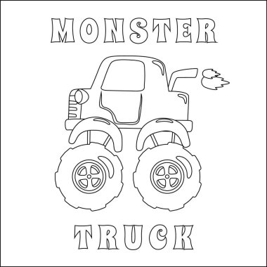 Çizgi film tarzında canavar kamyonun vektör çizimi. Çizgi film izole vektör çizimi, çocuk aktivite kitabı veya sayfa boyama için yaratıcı vektör tasarımı.
