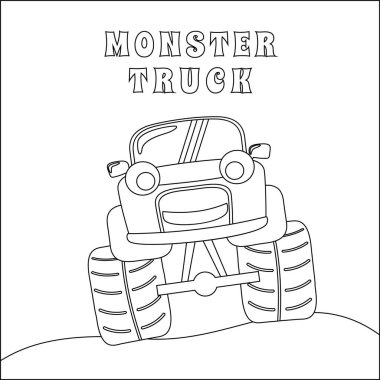 Çizgi film tarzında canavar kamyonun vektör çizimi. Çizgi film izole vektör çizimi, çocuk aktivite kitabı veya sayfa boyama için yaratıcı vektör tasarımı.