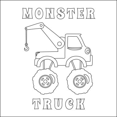 Çizgi film tarzında canavar kamyonun vektör çizimi. Çizgi film izole vektör çizimi, çocuk aktivite kitabı veya sayfa boyama için yaratıcı vektör tasarımı.