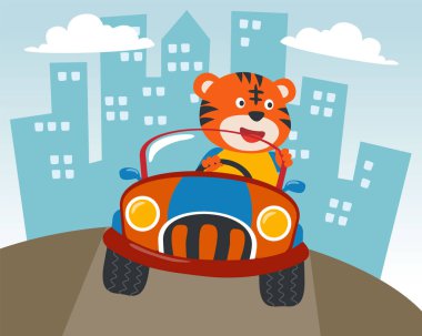 Tatlı kaplan çizgi filmi güneşli bir günde araba sürerken eğleniyor. Kumaş tekstil, çocuk odası duvar kâğıdı, kart, poster ve diğer dekorasyonlar için çocuksu bir geçmiş. Vektör illüstrasyonu.