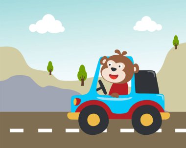 Köy manzaralı komik maymun araba sürüşünün vektör karikatürü. Tişört baskısı için, çocuklar moda tasarımları, bebek partisi davetiyeleri ve diğer dekorasyonlar için kullanılabilir.