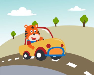 Komik kaplan arabasının yol kenarındaki köy manzaralı vektör karikatürü. Tişört baskısı için, çocuklar moda tasarımları, bebek partisi davetiyeleri ve diğer dekorasyonlar için kullanılabilir.