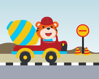 Küçük, şirin bir hayvan sürücüsü olan kaçak bir aracın vektör çizimi. Tişört baskısı için kullanılabilir, çocuklar moda tasarımı giyebilir, davetiye kartı takabilir. kumaş, tekstil, bebek odası duvar kağıdı ve poster.