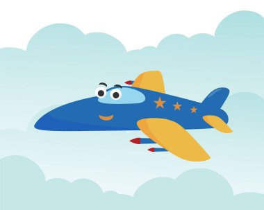 Havada komik şirin bir uçak uçuyor. Çizgi film el çizimi vektör çizimi. Tişört baskısı için, çocuklar moda tasarımları, bebek partisi davetiyeleri ve diğer dekorasyonlar için kullanılabilir.