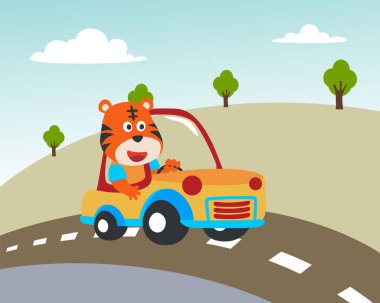 Komik kaplan arabasının yol kenarındaki köy manzaralı vektör karikatürü. Tişört baskısı için, çocuklar moda tasarımları, bebek partisi davetiyeleri ve diğer dekorasyonlar için kullanılabilir.