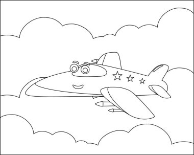 Gökyüzünde komik şirin bir uçak uçuyor. Çizgi film izole vektör çizimi, çocuk aktivite kitabı veya sayfa boyama için yaratıcı vektör tasarımı.